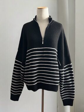 Vigoss Black & White Striped Quarter Zip Knit Sweater